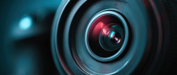 A close-up shot of a camera lens with a red and white reflection, and blue tones