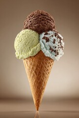 A triple-scoop ice cream cone with chocolate, vanilla, and mint flavors against a neutral gradient backdrop