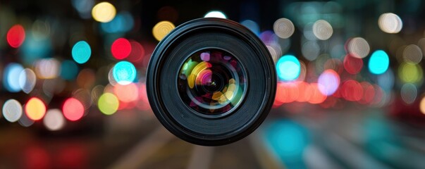 Camera lens prominently displayed with abstract bokeh lights in the backdrop, creating a captivating and artistic visual composition