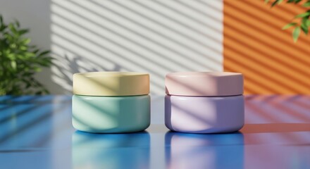 Two pastel colored cosmetic jars with lids sit on a blue reflective surface with shadows from blinds