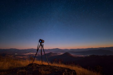 Naklejka premium Camera tripod on rocky outcrop under starry sky grass