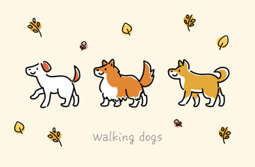 歩く犬のベクターイラストセット 背景あり