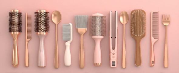 Fototapeta premium Array of hair tools in light shades of pink and gold arranged in a horizontal line on a blush pink background from an overhead perspective
