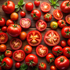 collection of red tomatoes whole halved and sliced