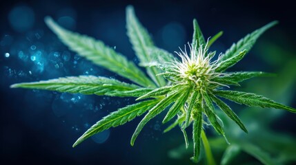 A single cannabis bud with leaves and a hazy blue background, suggesting medicinal or recreational use