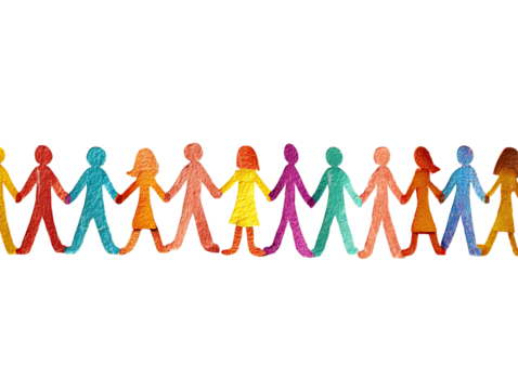 A horizontal row of colorful paper cut-out figures, hand-in-hand - Powered by Adobe