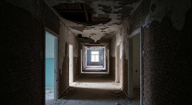 Exploring Abandoned Hallway with Damaged Walls and Distant Window Light