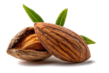 Close-up of almonds, one partially shelled, revealing the nut, complemented by fresh green leaves against a pure white background