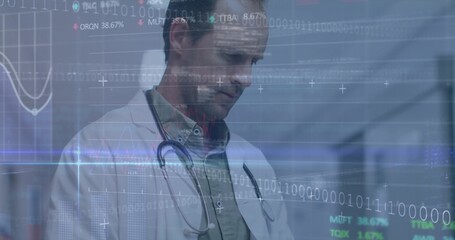 Doctor wearing lab coat and stethoscope analyzing 3D interface in clinic corridor, with binary code