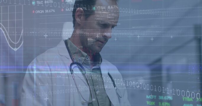 Doctor wearing lab coat and stethoscope analyzing 3D interface in clinic corridor, with binary code