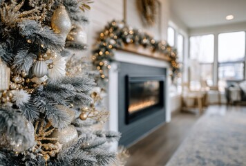 Soft-focus interior featuring a decorated Christmas tree and a fireplace adorned with lights, creating a warm, festive, and inviting ambiance