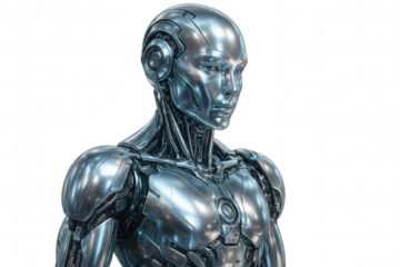 Futuristic metallic robot looking forward on a transparent background, perfect for technology and sci-fi projects