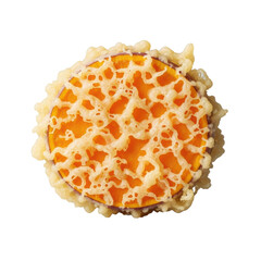 Ultra-macro close-up of a golden-brown, crispy sweet potato tempura with intricate lacy batter on a soft bokeh transparent background, concept of culinary artistry