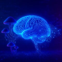 Glowing blue circuit board brain merging with bioluminescent mushrooms on a dark digital landscape
