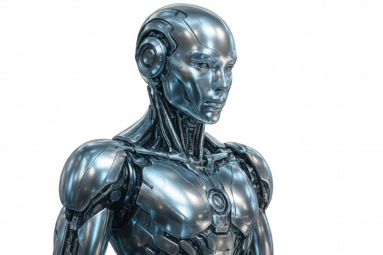 Futuristic metallic robot looking forward on a transparent background, perfect for technology and sci-fi projects