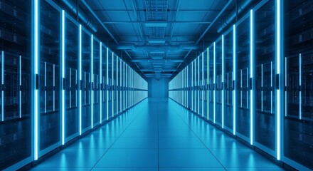 Modern Data Center Server Room Glowing with Blue Lights