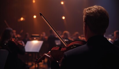 Fototapeta premium Evening concert scene with orchestra background, closeup of violinist back playing on stage under dramatic lighting, blurred audience creating emotional impact and focus on performance