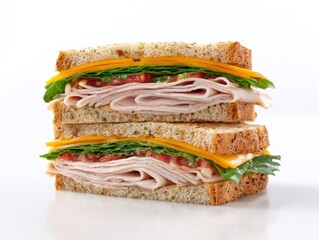 Stacked sandwich with turkey, cheese, lettuce, and tomato on multigrain bread against a white background, food photography