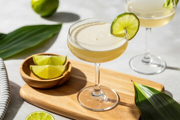 Close up of two cocktails with lime garnish on a wooden board with tropical leaves around them