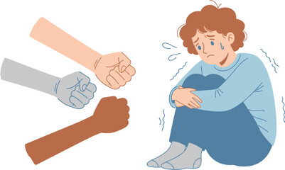 Scared child cowers from aggressive fists, symbolizing bullying and fear