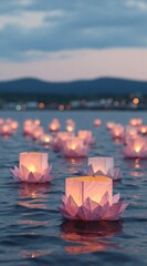 Floating paper lanterns, resembling lotus flowers, glow on dark water at dusk, with mountains in the distance