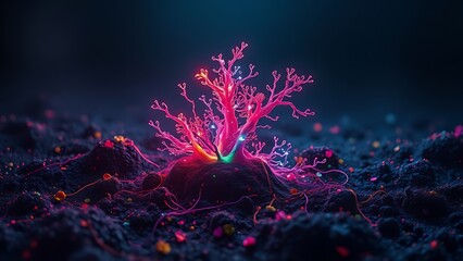 A glowing malignant growth being starved of its vibrant nutrient streams on a dark field.