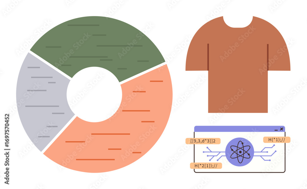 Aufkleber circular chart with 4 segments, orange t-shirt, and a coding interface with atom icon. ideal for tec