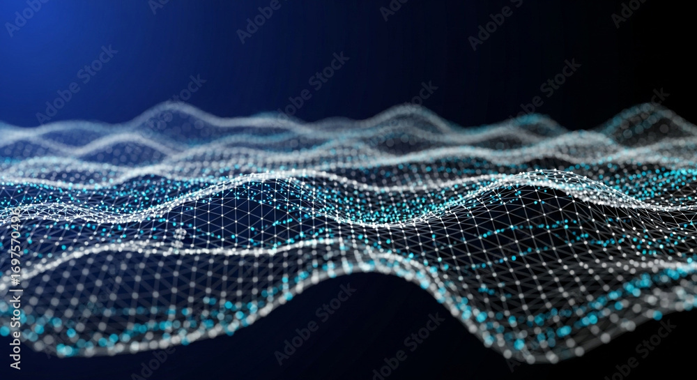 Poster dynamic digital network connection with glowing particles and abstract geometric mesh