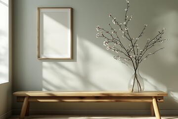 Japandi Minimal Interior with Oak Frame Poster Mockup on Wooden Bench