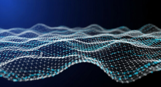 Dynamic digital network connection with glowing particles and abstract geometric mesh