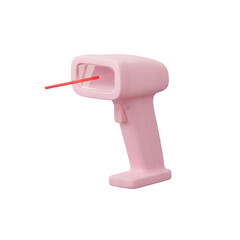 Pink handheld barcode scanner with red laser light beam on black background