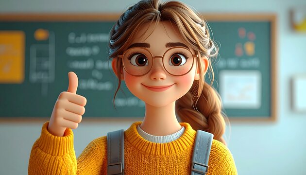 Cartoon girl in a classroom, giving a thumbs-up - Powered by Adobe