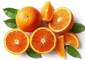 Bright orange slices and a whole orange with green leaves against a plain white backdrop, top-down studio shot
