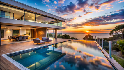 Coastal holiday home with poolside sunset reflections
