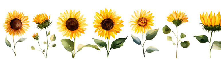 Obraz premium Watercolor sunflowers illustration set. Yellow summe flowers, Floral elements,Wildflowers.