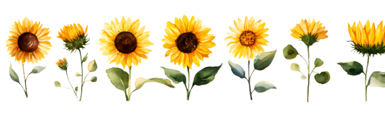 Watercolor sunflowers illustration set. Yellow summe flowers, Floral elements,Wildflowers.