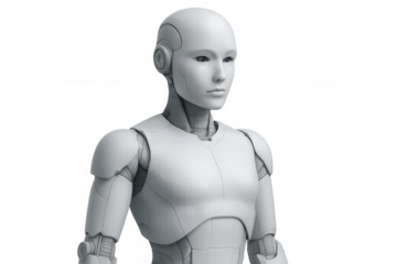 Female android robot gazing forward, white metallic form representing cutting-edge technological innovation in sleek 3d rendering design