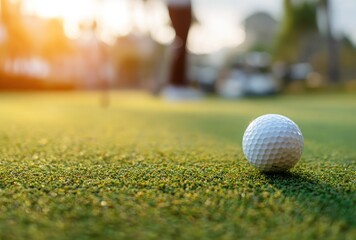 Close-up of a white golf ball on green grass with blurred background, lit by warm sunset or sunrise light