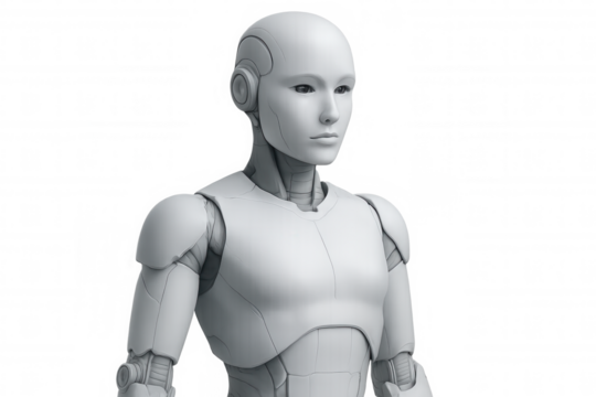 Female android robot gazing forward, white metallic form representing cutting-edge technological innovation in sleek 3d rendering design