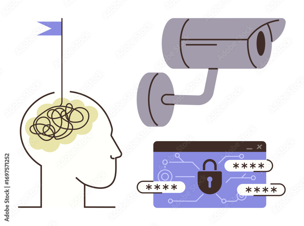 Poster head with tangled thoughts, surveillance camera, and password-protected browser window. ideal for pr
