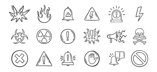 Warning doodle hand drawn icons set. Danger drawing sketch signs 