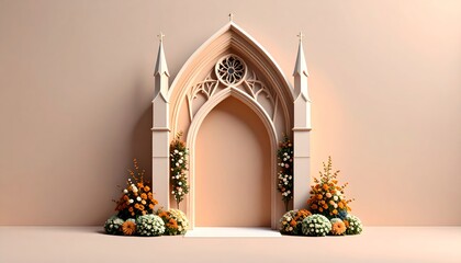 Elegant architectural backdrop featuring a gothic arch and floral accents