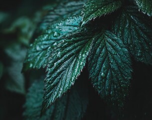 A close-up of dark green, veined leaves glistening with water droplets against a softly blurred, shadowy backdrop of foliage