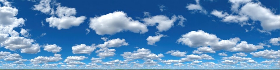 Panoramic shot of a vibrant blue sky dotted with fluffy white clouds, above a hint of green land in the distance, evoking a sense of openness