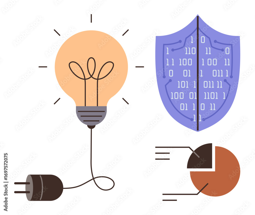 Poster glowing light bulb, power plug, shield with binary code, and pie chart sections. ideal for innovatio