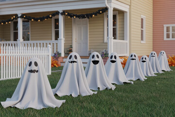 A row of halloween ghosts on a lawn in front of a house decorated with halloween lights and pumpkins