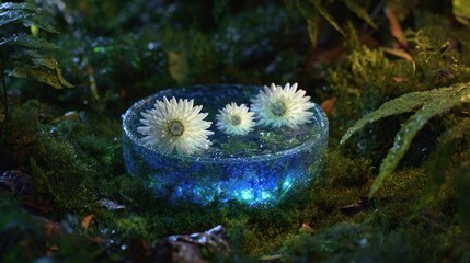 Floating white flowers in water-filled glass bowl, surrounded by lush green moss, with a gentle, blue light below