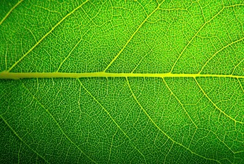 Vivid, emerald leaf close-up featuring detailed veins, showcasing vibrant green hues and intricate patterns of natural foliage texture
