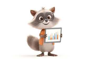 A cheerful raccoon showing a digital tablet with colorful bar graphs, math project concept, 3d animation, isolated on a white background