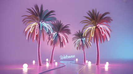 Naklejka premium Neon palm trees create a vibrant and inviting tropical paradise scene
